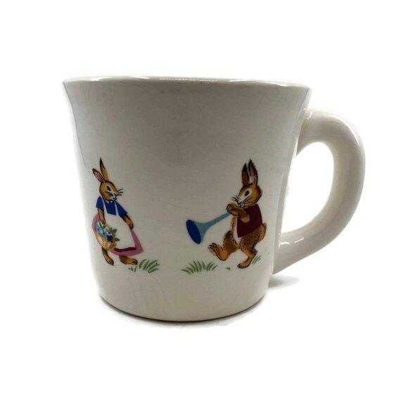 Vintage Ceramic Baby Mug with Bunny Rabbits, Nursery Babies Room Decor - Picture 2 of 9